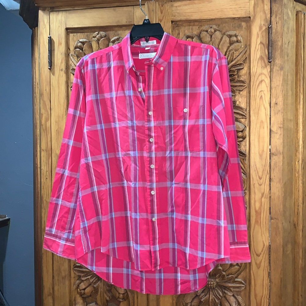 EUC Christian Dior XL pink plaid dress shirt